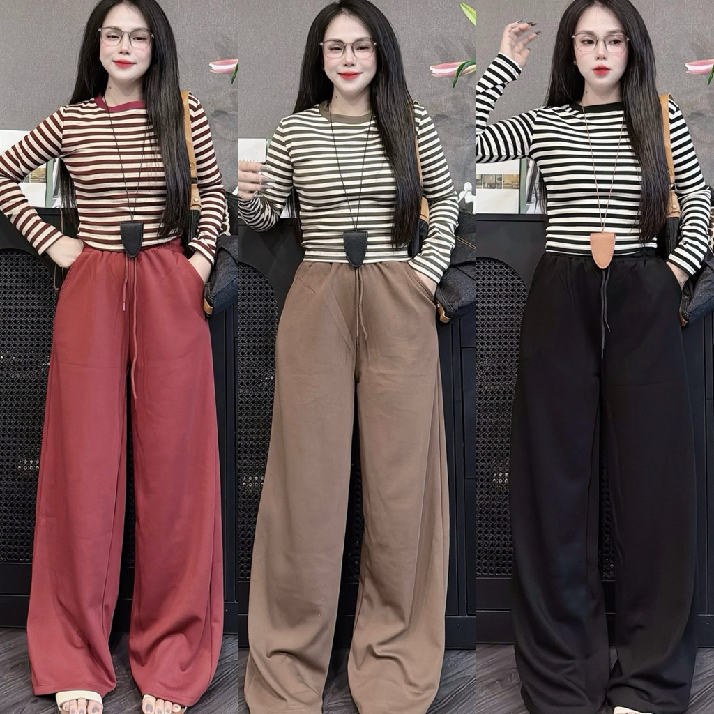 Set Bộ Thun Tăm Áo Sọc Tay Dài Quần Suông - HN CLOSET