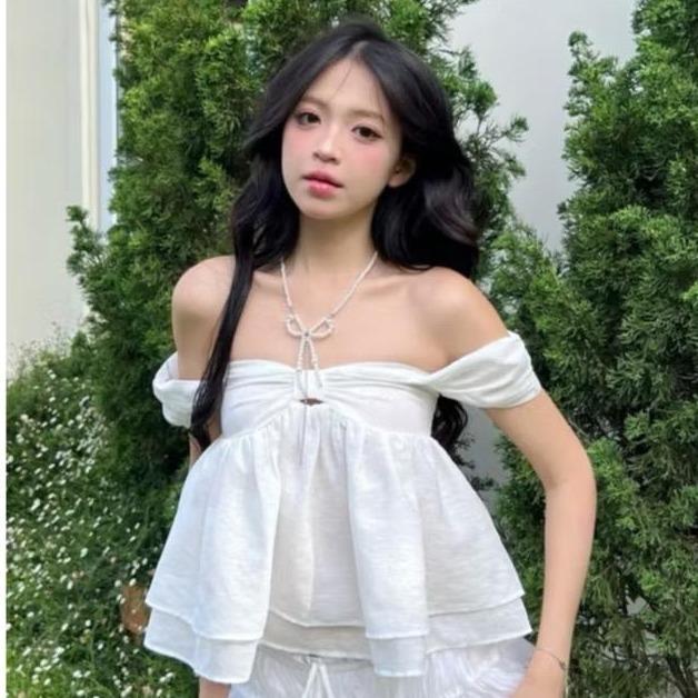 Tiany AT036: Áo Babydoll Trễ Vai Thiết Kế Nơ Ngực Màu Trắng Phong Cách Thời Trang Hàn Quốc KHÔNG MÚT Chất Liệu Thoải Mái