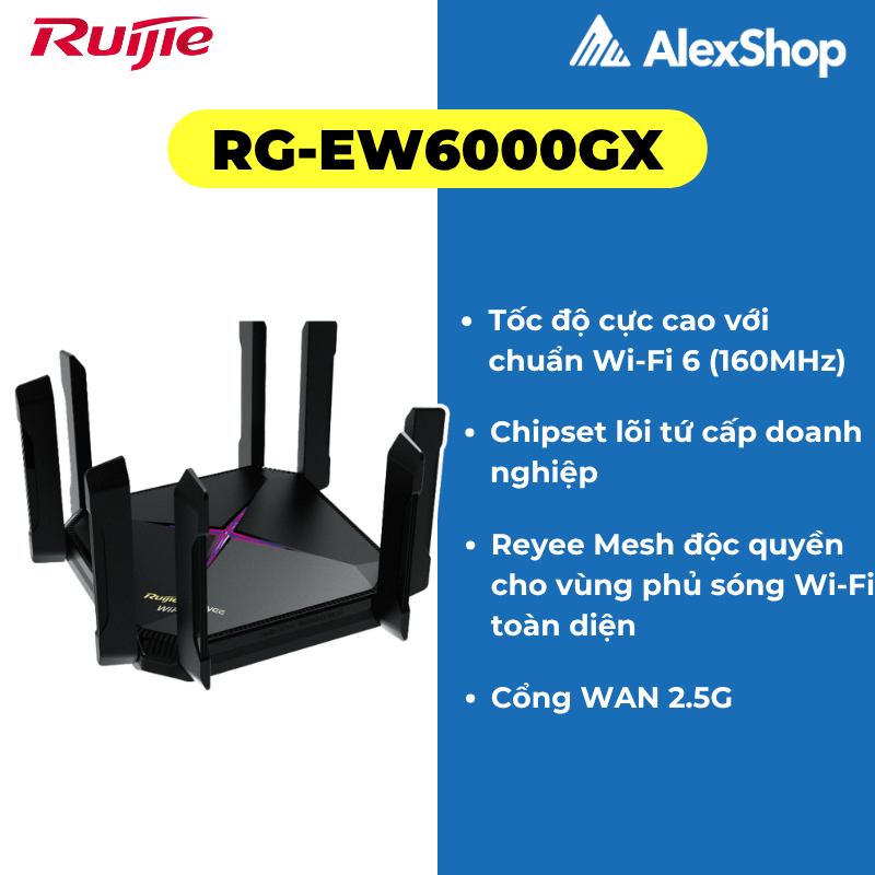 [AX6000] Ruijie RG-EW6000GX | Phát Wifi 6 8 Anten, Quad-core, Cổng 2.5, Tải Max 387 Users Băng Thông