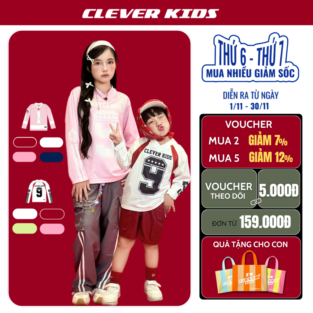 Áo Number 9, Áo Number 1 dài tay CLEVER KIDS cho bé trai/ bé gái- Chất Thun Cotton Thoáng Mát [ Size