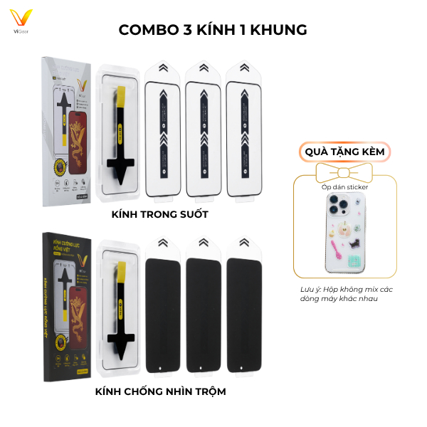 Combo Kính Cường Lực Rồng Việt ViGear 3 Kính 1 Khung Tặng Ốp Dán Sticker, Siêu Tiết Kiệm, Tiện Dụng