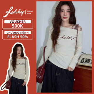  Áo thun lệch vai dài tay REDSHOP thiết kế buộc dây nơ in chữ nổi chất thun dày vừa phong cách Hàn Quốc 308032 
