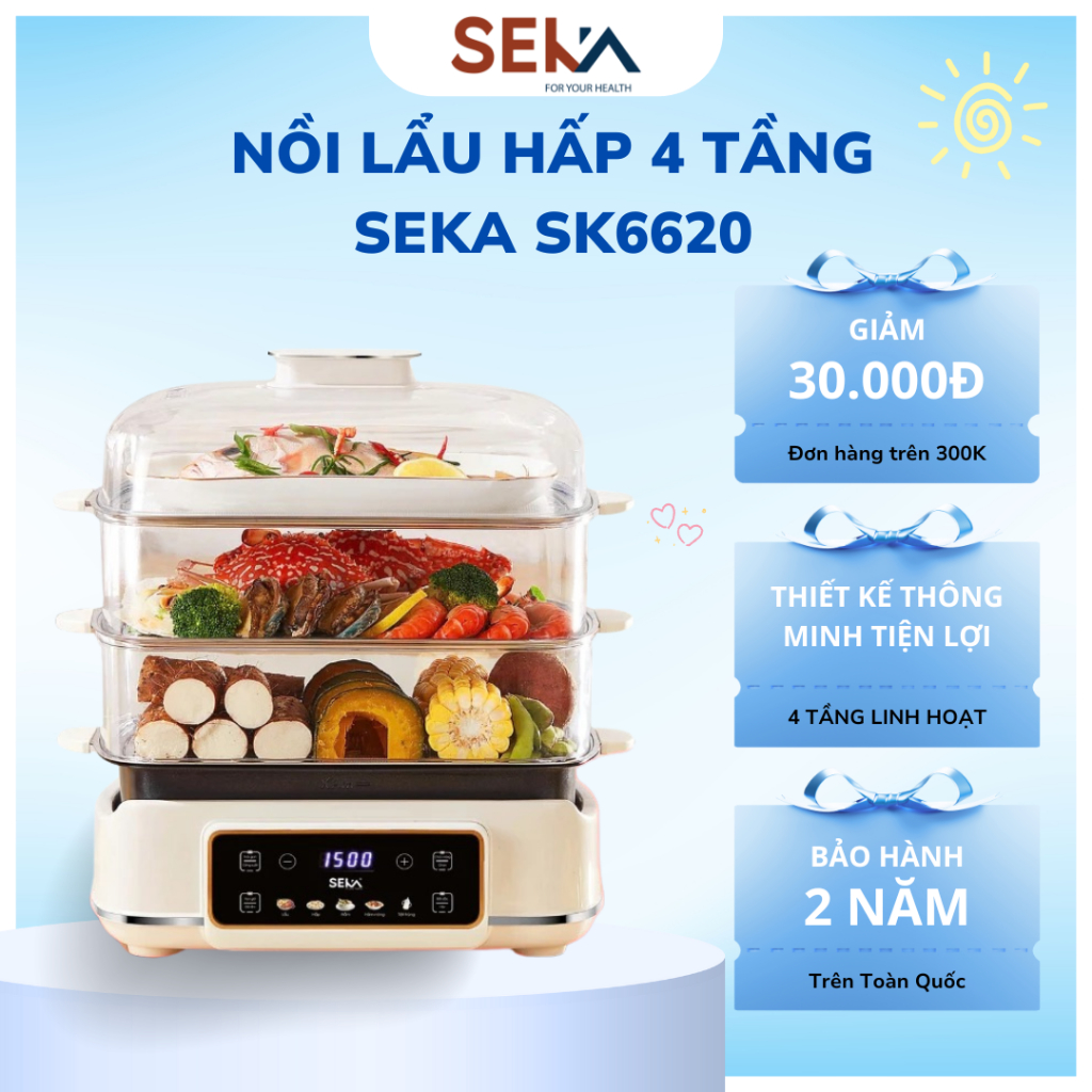 Nồi Lẩu Hấp Điện 4 Tầng Đa Năng SEKA SK6620, Hấp Gà Nguyên Con Dung Tích 24 Lít, Tỏa Nhiệt Đều-BẢO HÀNH 24T