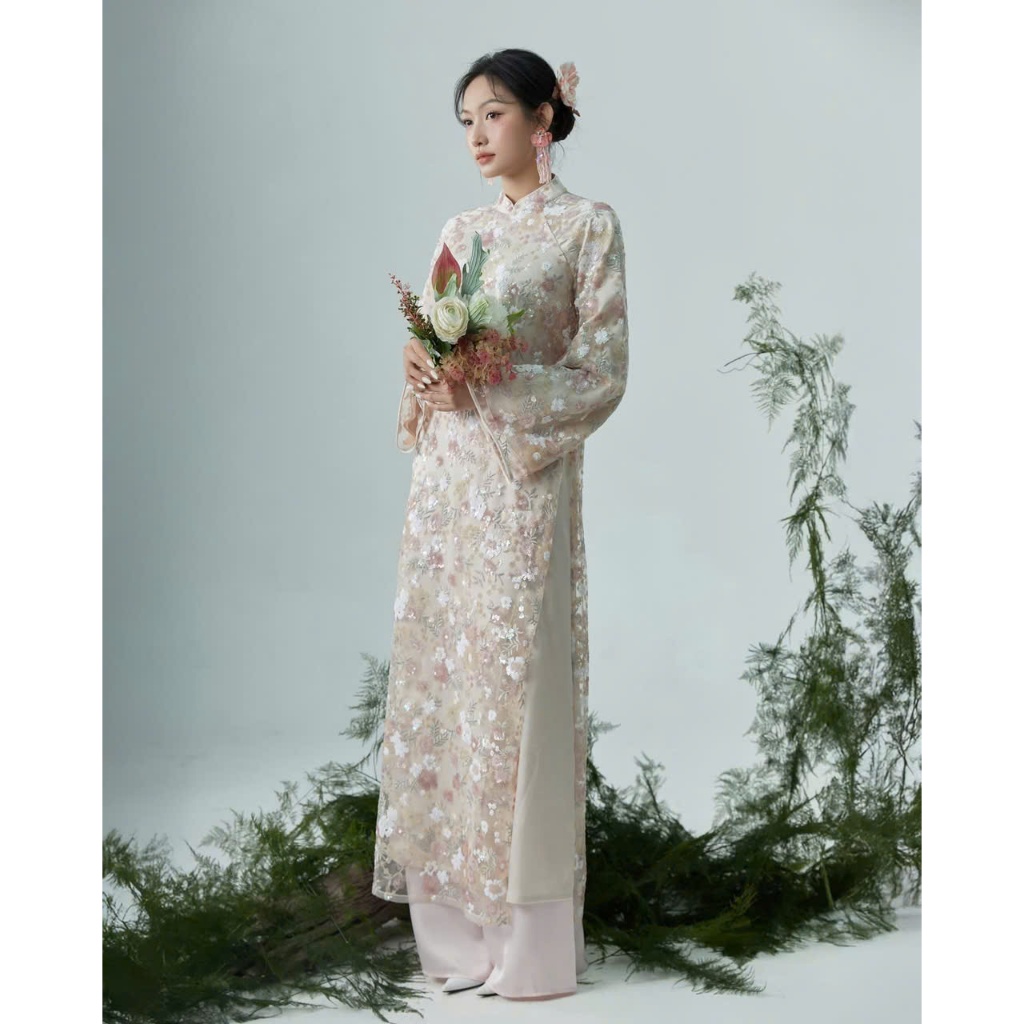 Áo Dài Đính Kim Sa Bản Cao Cấp Chất Liệu Voan Tơ Đủ Size S M L - Me_Linhan
