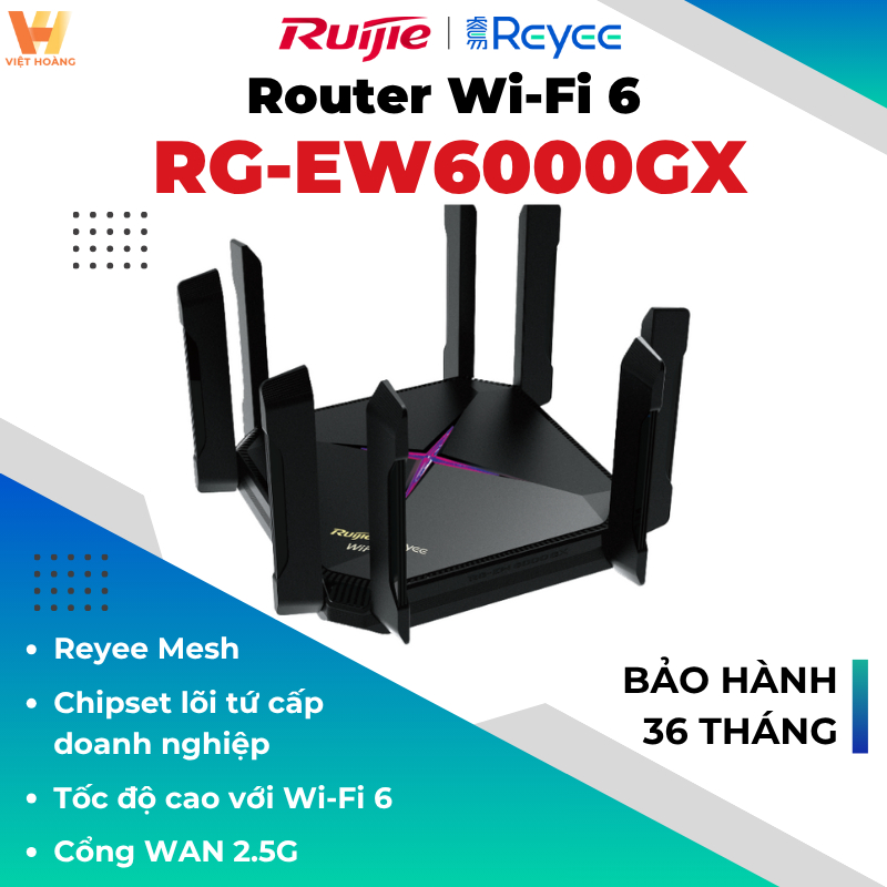 [BE6000] Ruijie RG-EW6000GX | Phát Wifi 7 8 Anten, Quad-core, Cổng 2.5, Tải Max 387 Users Băng Thông