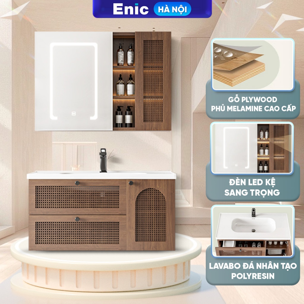 Bộ tủ phòng tắm mây đan Enic GM03 gỗ plywood chống ẩm gương LED cao cấp (GIÁ CHƯA BAO GỒM SIPHON)