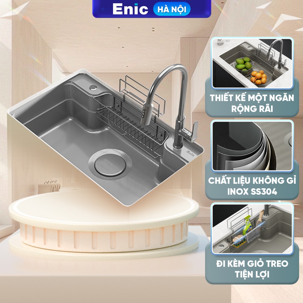 Bồn rửa chén 1 ngăn Enic MB02, chất liệu inox SS304 bề mặt vân hạt chống đọng, rộng rãi, thoát nước 