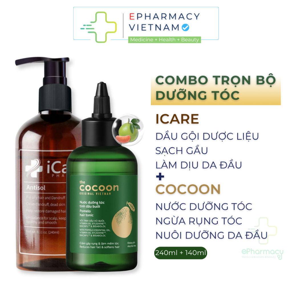 [COMBO] Dầu Gội ICARE Pharma & Dưỡng Tóc Tinh Dầu Bưởi COCOON