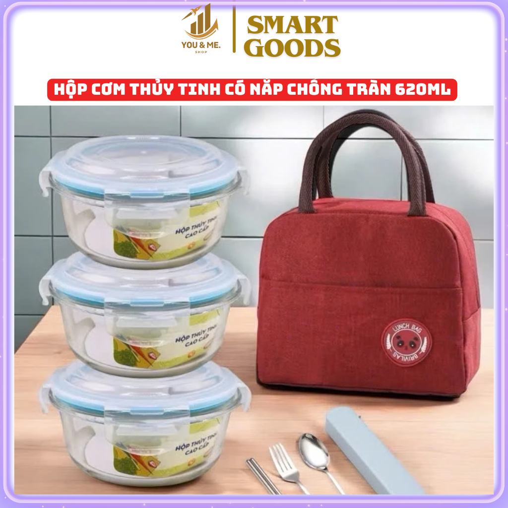  Hộp cơm thủy tinh có nắp chống tràn 620ml  không túi đựng không thìa  thố thủy tinh có nắp dùng được trong lò vi sóng 