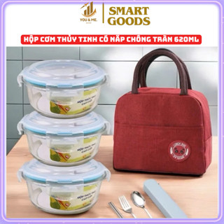  Hộp cơm thủy tinh có nắp chống tràn 620ml  không túi đựng không thìa  thố thủy tinh có nắp dùng được trong lò vi sóng 