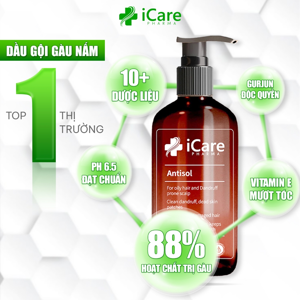 Dầu Gội Giảm Rụng Giảm Gàu, iCare Pharma | Dầu Gội Antisol Cho Tóc Khỏe Dưỡng Tóc Suôn Mượt