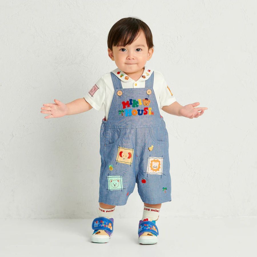 Quần yếm Classic Bear cho bé trai từ 6 tháng - 3 tuổi hoạ tiết thêu, MIKI HOUSE, [12-3302-142]