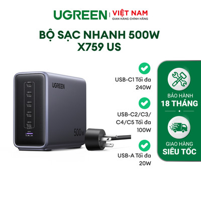 Bộ củ sạc nhanh Ugreen 500W | 5 USB-C + 1 USB-A | Sạc nhanh tối đa 240W PD3.1 | Bảo hành 18 tháng 1 đổi 1 X759 55549B