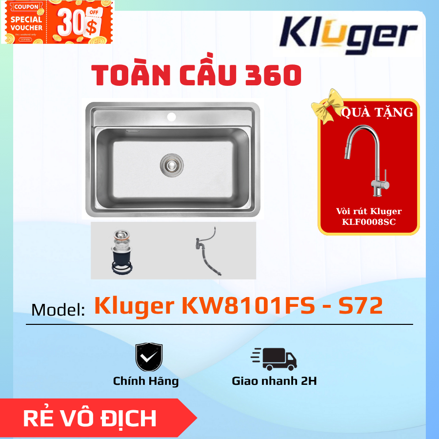 KW8101FS - S72/ Chậu rửa bát một hố Kluger/ Bề mặt LINEN thế hệ mới, chống trầy xước, dễ lau chùi