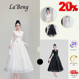 Váy Đi Tiệc, Váy Cưới Ren Tay Dài - Váy Cổ Khoét Giọt Nước Tùng Voan Xòe Tôn Eo |D86