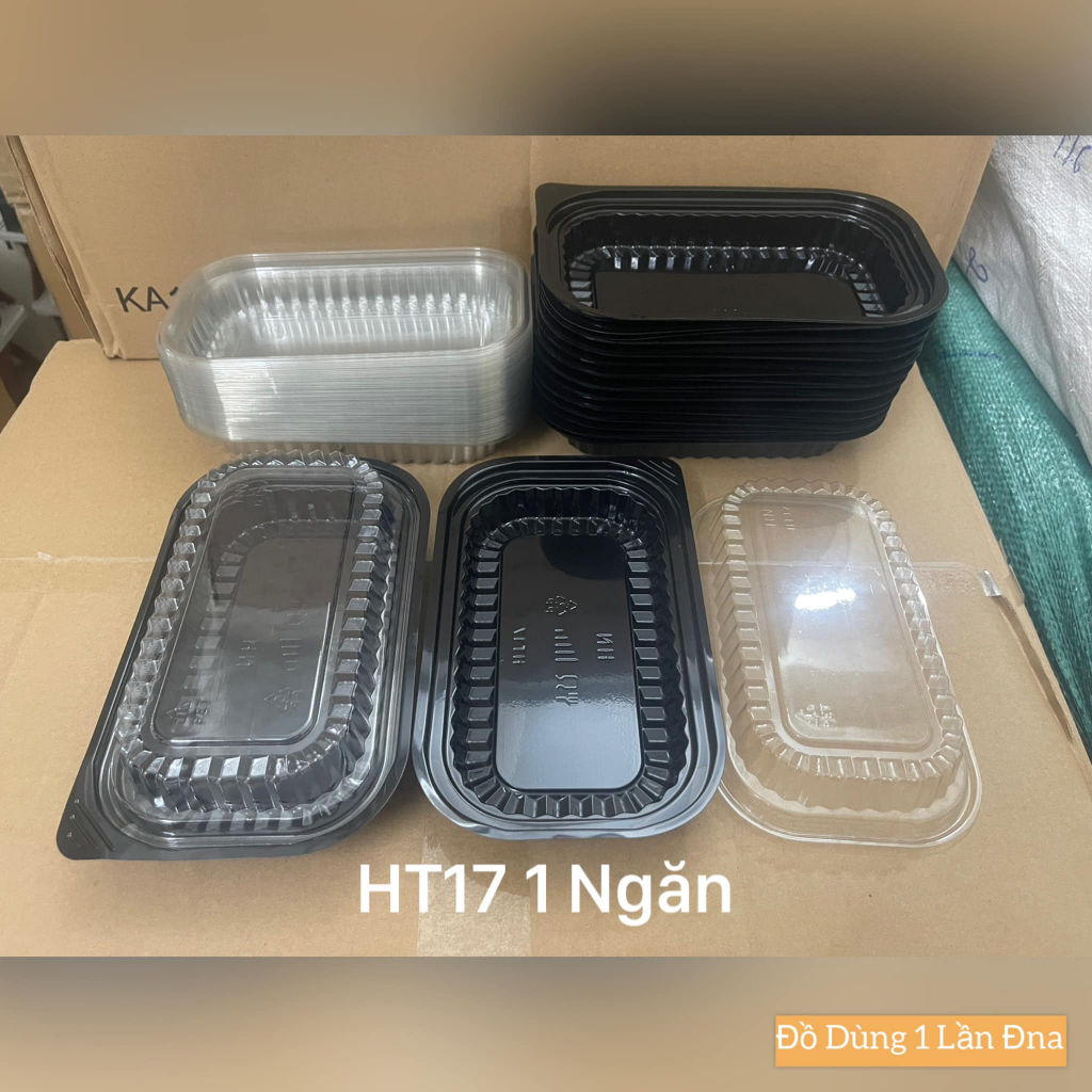50 Khay nhựa đế đen HT17 PS, hộp nhựa HT17 PET đen, trắng 1 ngăn/ hộp đựng thức ăn, trái cây, hộp đự