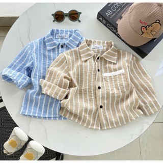 Áo Sơ Mi Kẻ Sọc Dài Tay chất linen cotton mềm mát, thoáng khí thời trang cho bé trai 9-34kg phong cách Hàn Quốc
