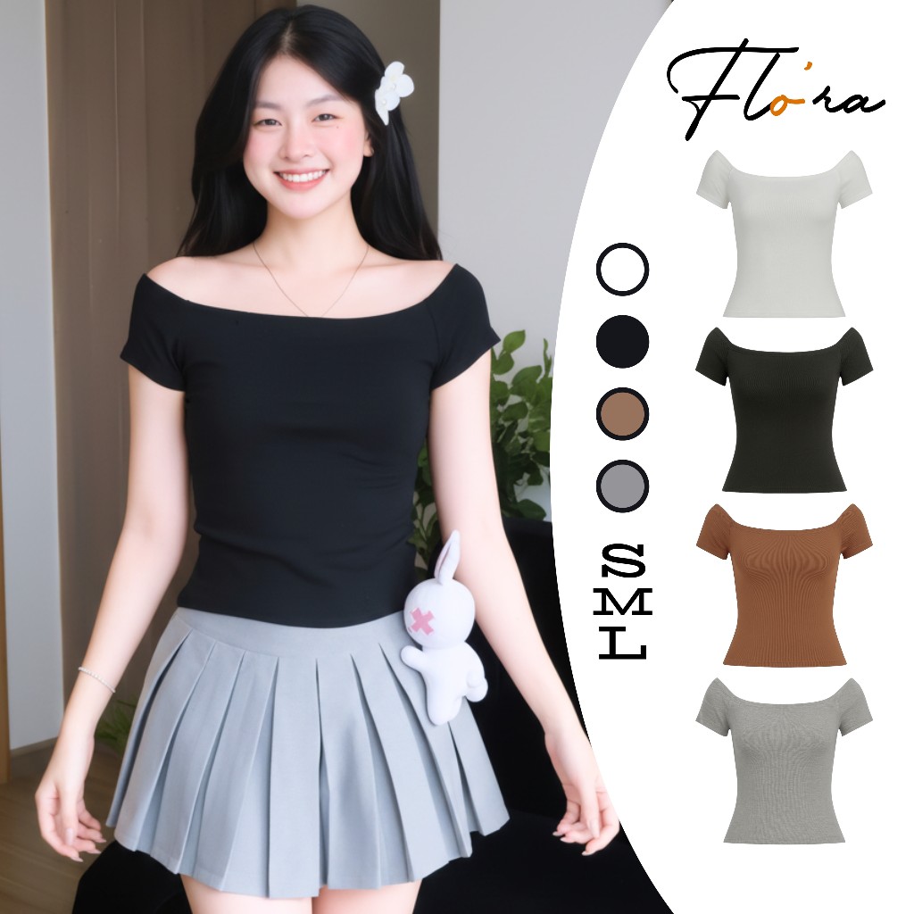  Áo BABYTEE Tay Ngắn TRỄ VAI Nữ Chất Thun Borip DD88 Áo Thun Dáng Dài Bệt Vai Cộc Tay Kiểu Trơn Ôm Body Flo'ra 