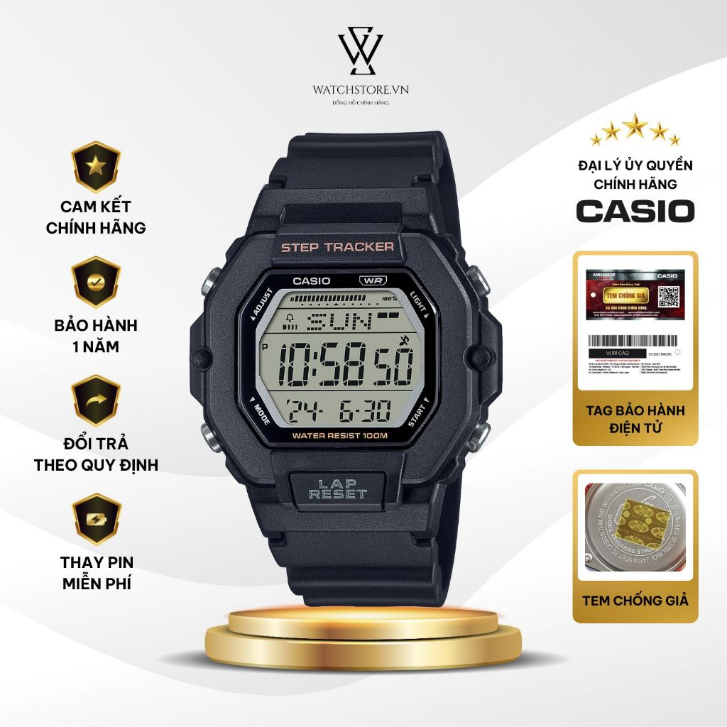 Đồng Hồ Điện Tử Nữ Casio LWS-2200H-1AVDF Màu Đen  Mặt Kính Nhựa 40.5mm Chống Nước Dây Nhựa Chính Hãn
