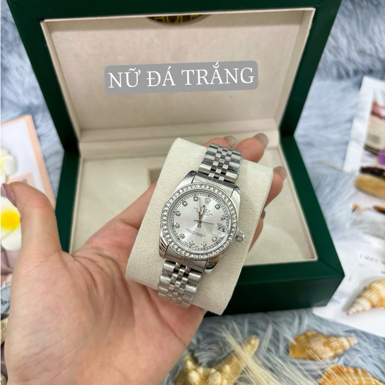 Đồng Hồ Nữ, ROLEXX Đính Đá size 30 Trắng Chạy Pin Dây Thép Đúc Chống Nước Bảo Hành 6T.K KÈM HỘP HÃNG