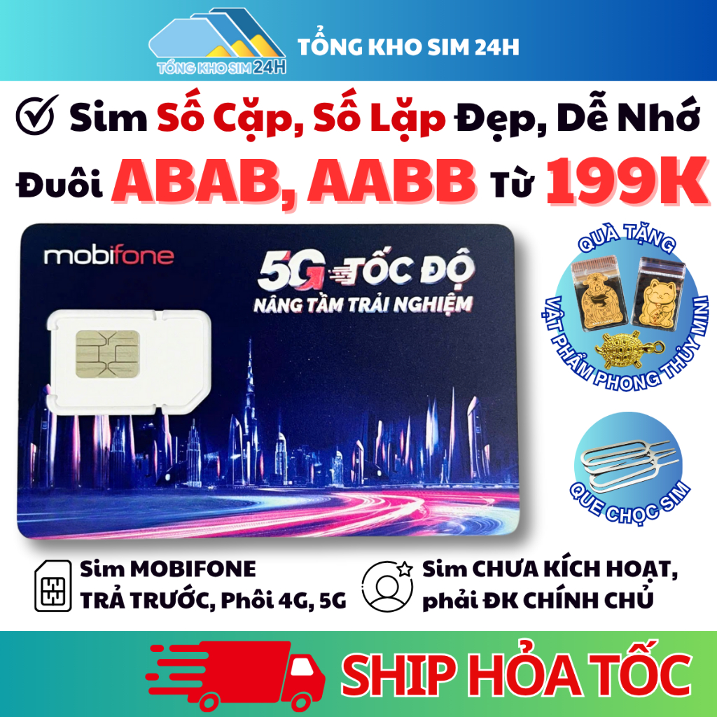 Sim Số Lặp đuôi AABB - ABAB, Số Cặp Giữa Dễ Nhớ Mobifone Đầu 07 - 08, Trả Trước, ĐKCC tại Mobifone