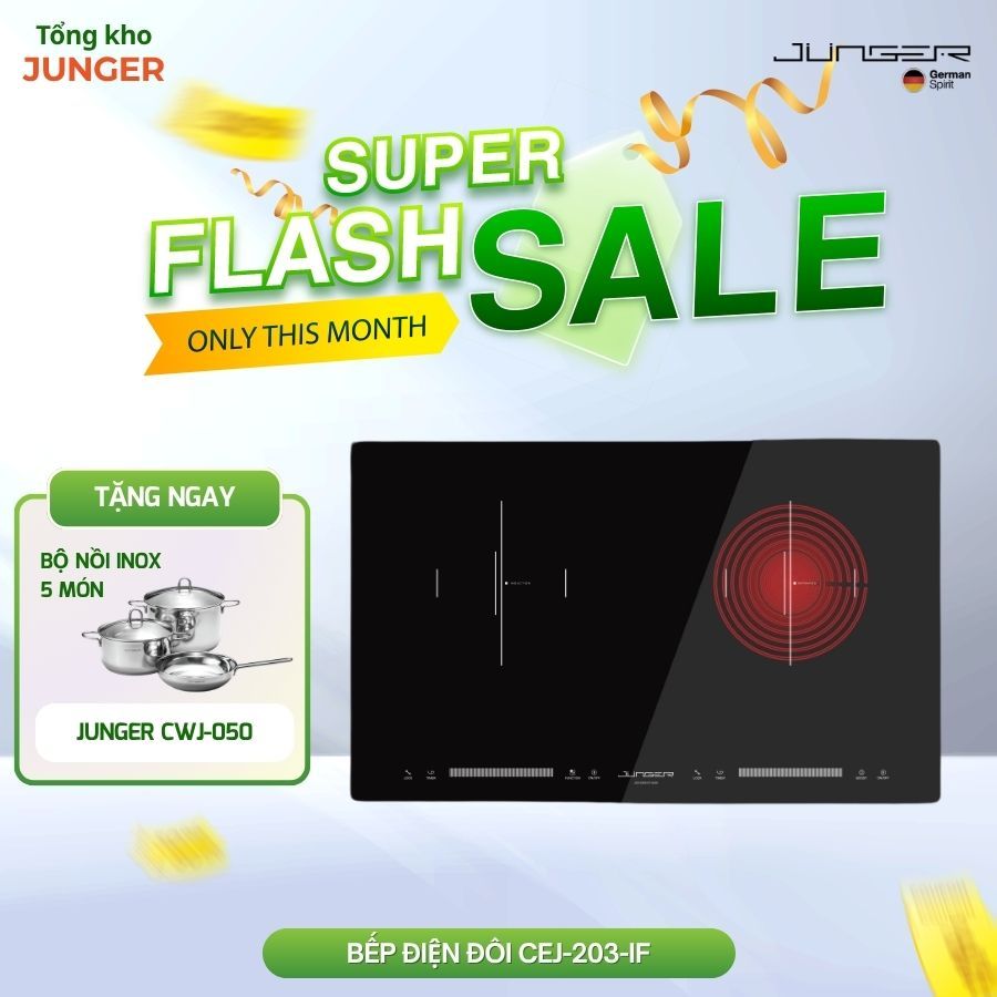Bếp điện từ hồng ngoại Junger CEJ-203-IF – Thiết kế sang trọng, công suất mạnh mẽ tặng kèm Bộ nồi