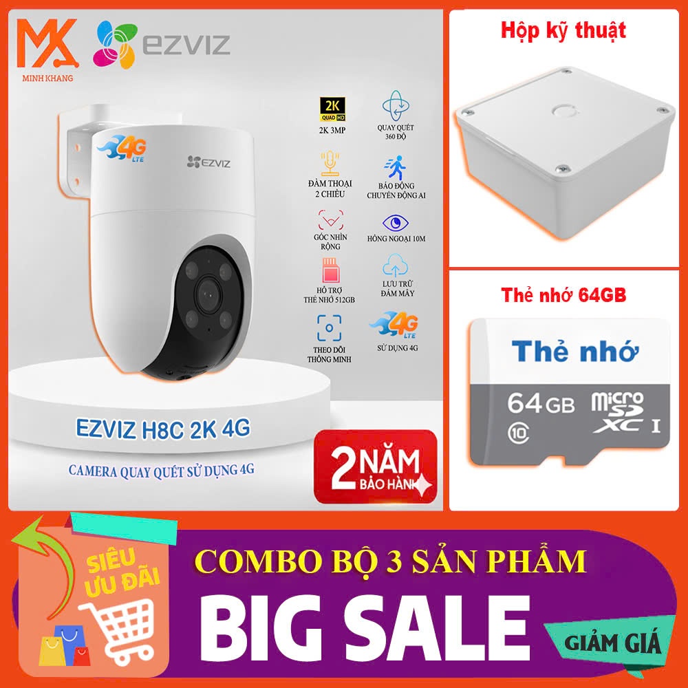 [EZVIZ CHÍNH HÃNG] Combo Camera Ngoài Trời EZVIZ H8C 2K 4G + Hộp Kỹ Thuật + Thẻ Nhớ 64G/128G