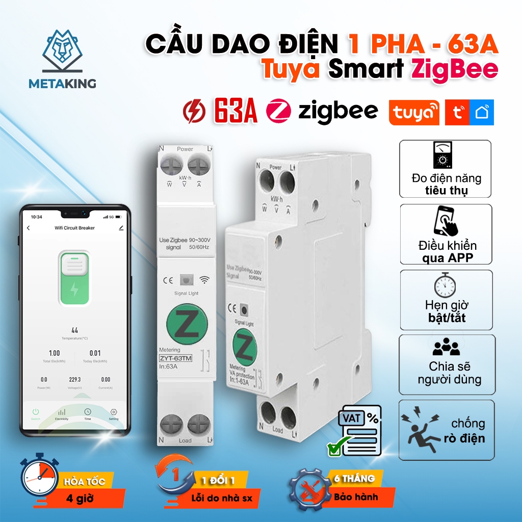 Aptomat thông minh Tuya Zigbee, CB Tuya 63A có đo điện