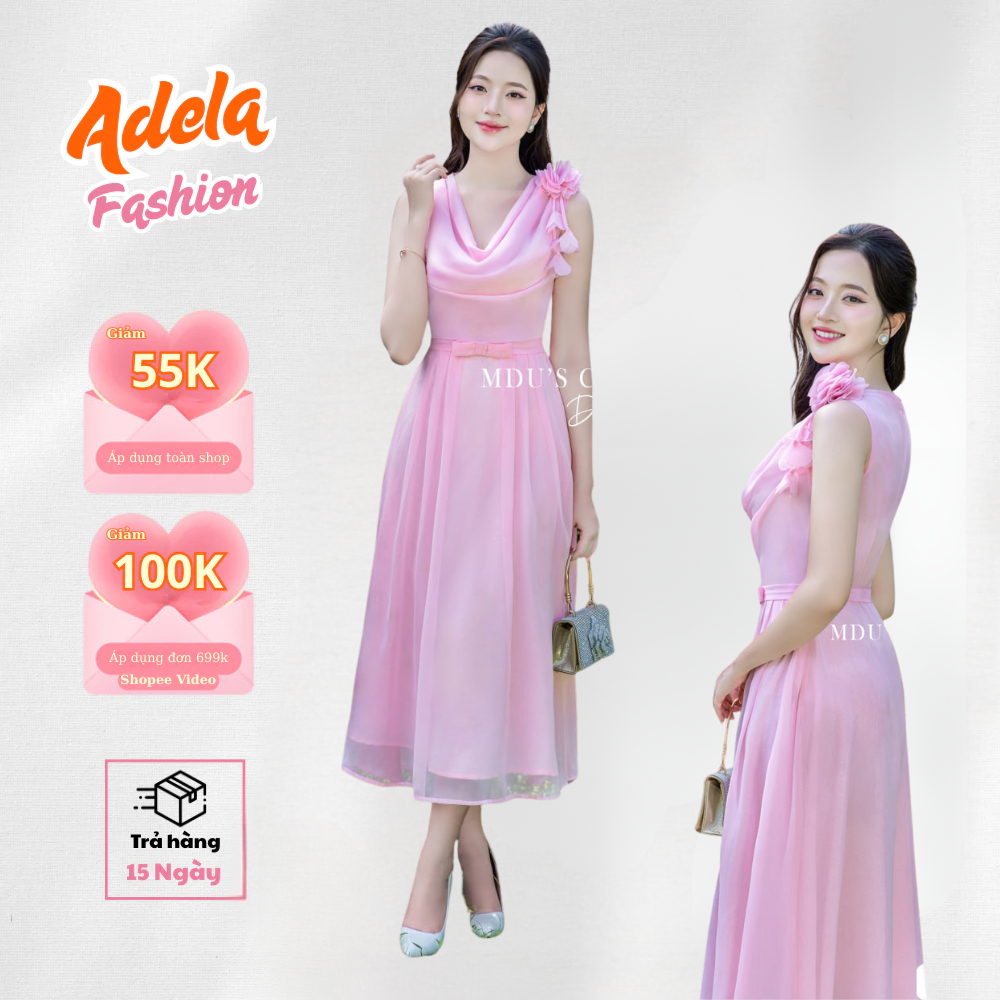 Váy Dự Tiệc Dáng Xòe Nhẹ Với Hoa Đính Vai, Lệch Vai Chất Liệu Tơ Tằm Ánh Nhũ MDU5116 | ADELA SHOP