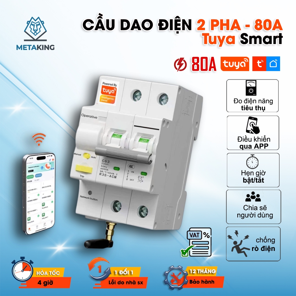 Aptomat Wifi, Cầu Dao Tổng Điều Khiển Qua Wifi, RS485 Tuya 80A, Đo Điện Năng, BH 12 tháng