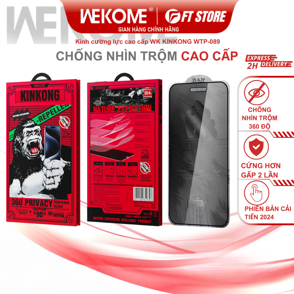Kính cường lực WK KINKONG WTP-089 chống nhìn trộm 360 độ cải tiến, bền hơn gấp đôi, hạn chế vân tay chống vỡ