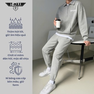   NỈ 2 Da Loại 1 300 gsm  Bộ đồ nỉ bông cao cấp nam 1HAND áo khoá zip cổ polo và quần jogger bo gấu 