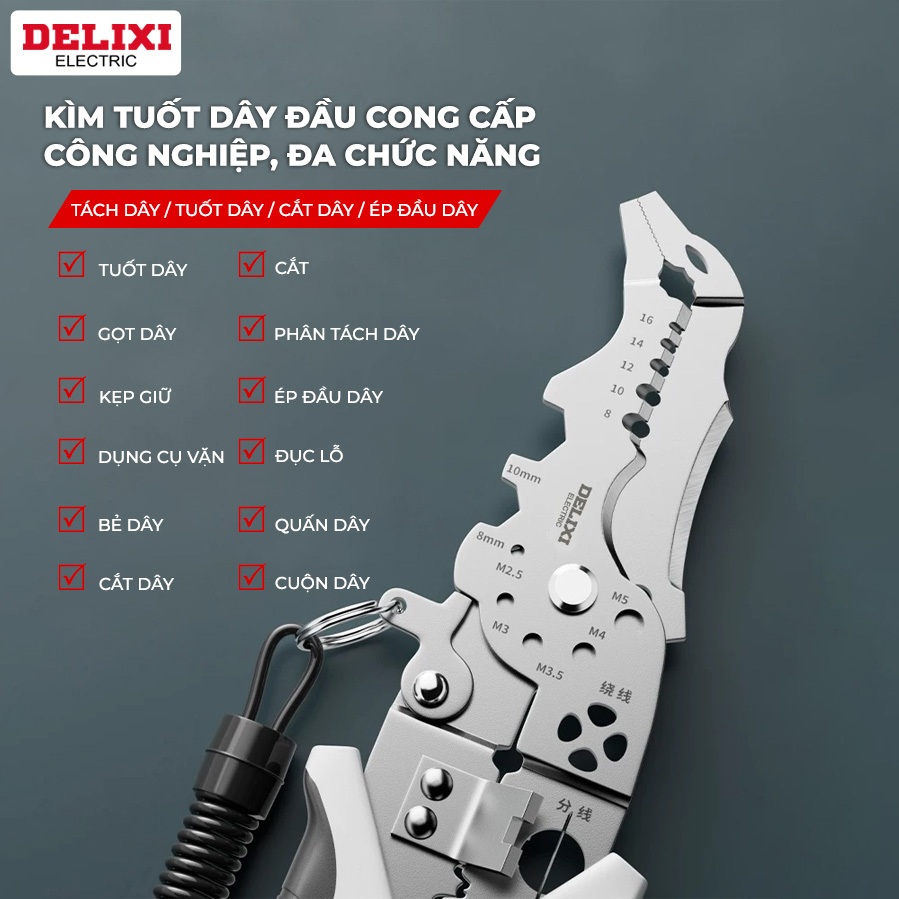 Kìm Tuốt, Bấm Dây Điện Đa Năng 12in1 DELIXI  DWGR-3520 Thép CRV Không Gỉ Cho Thợ Điện Gia Đình