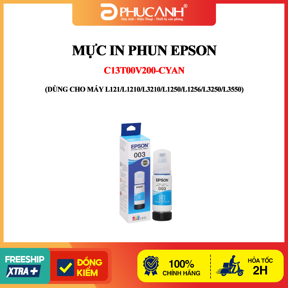 Mực in phun Epson C13T00V200-Cyan (Dùng cho máy L121/L1210/L3210/L1250/L1256/L3250/L3550)