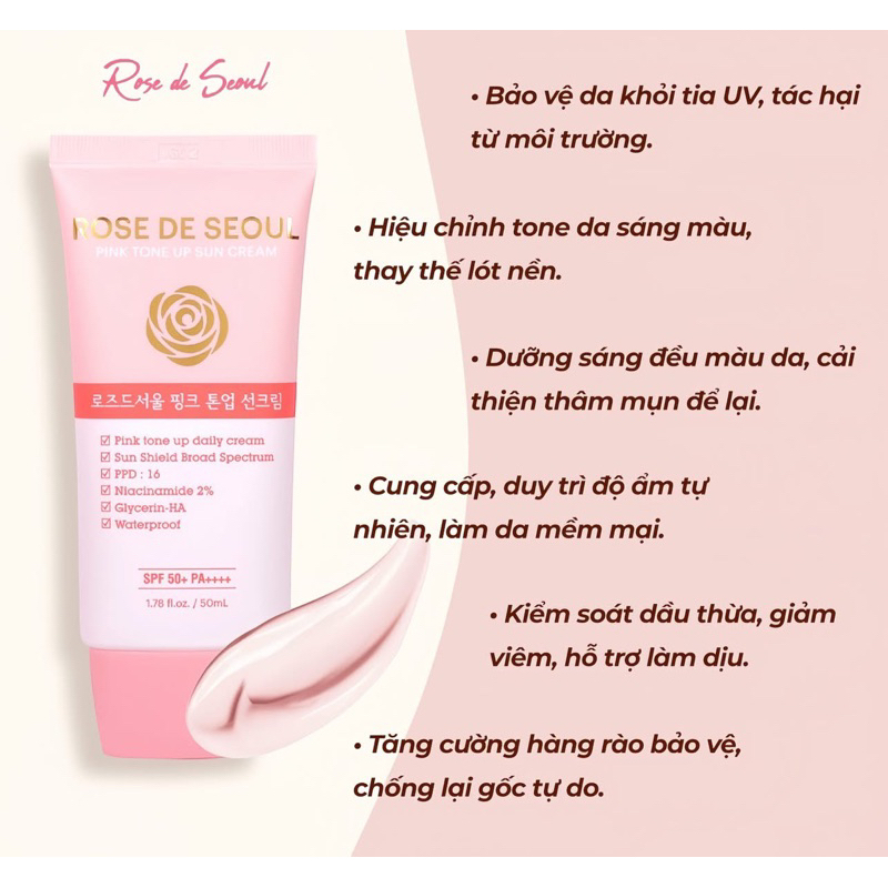 (Bản cho da dầu)Kem chống nắng rose de seoul pink tone up sun cream 50ml nâng tông dưỡng trắng SPF 5