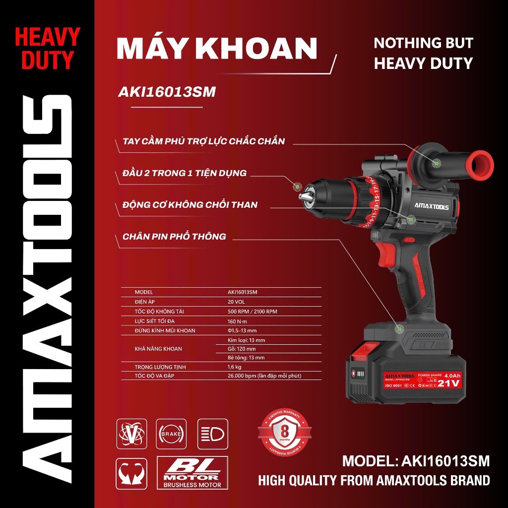 Máy khoan pin 3 chức năng 21V Amaxtools AKI16013SM 160Nm