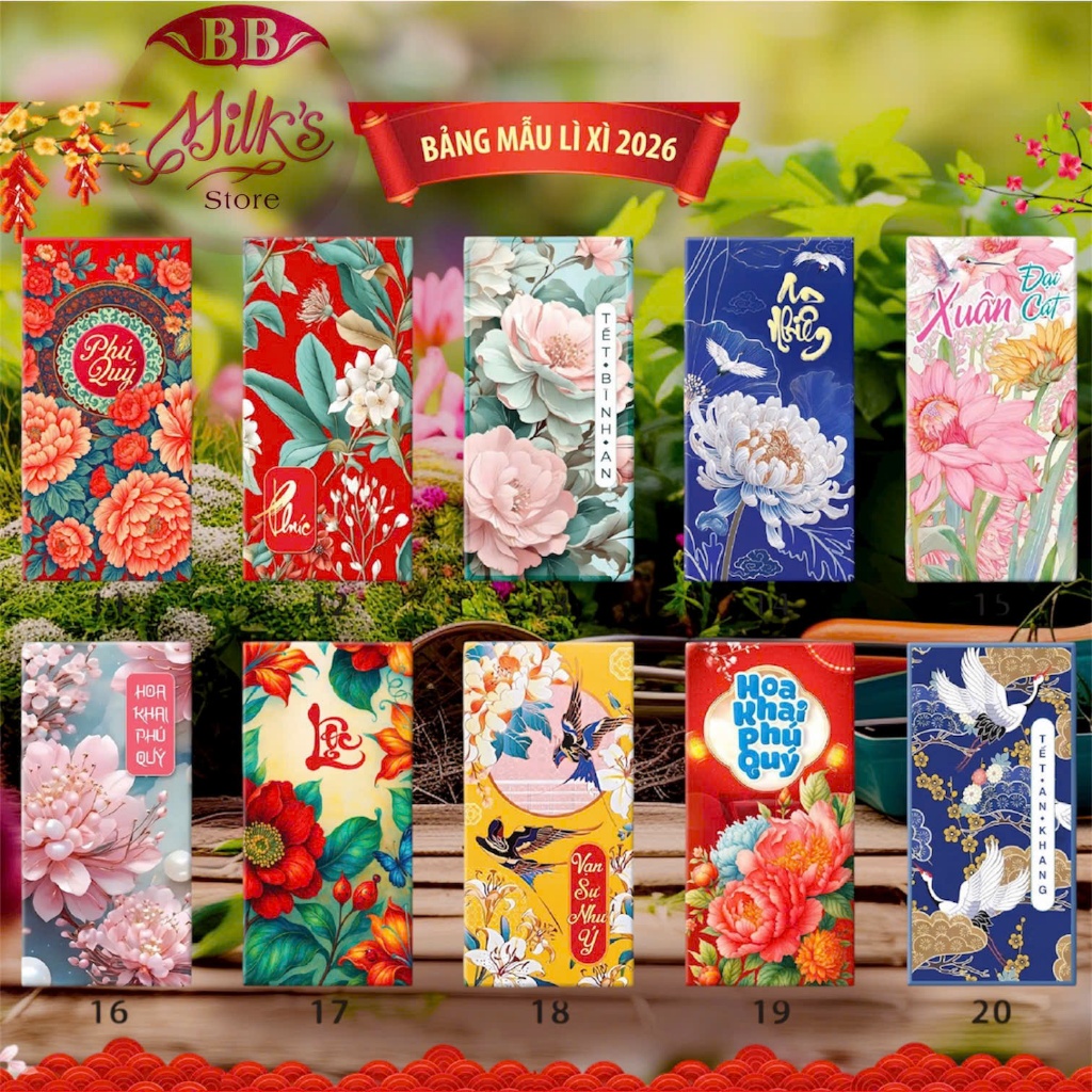  Set 50-100 bao lì xì hoa lá mùa xuân 2026 thiết kế độc quyền giấy C150 