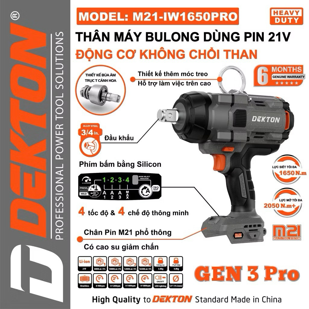 MÁY SIẾT MỞ BULONG DEKTON - BÚA ÂM - TRỤC T HÌNH CÁNH HOA 👉 MODEL: M21-IW1650PRO ( chưa pin sạc)