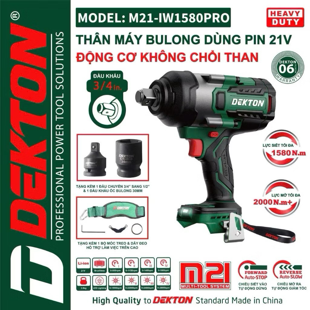 Máy siết bulong pin DEKTON M21-IW1580PRO, Không chổi than 1580Nm 4 Tốc độ, Siết vào tự động, Mở ra g