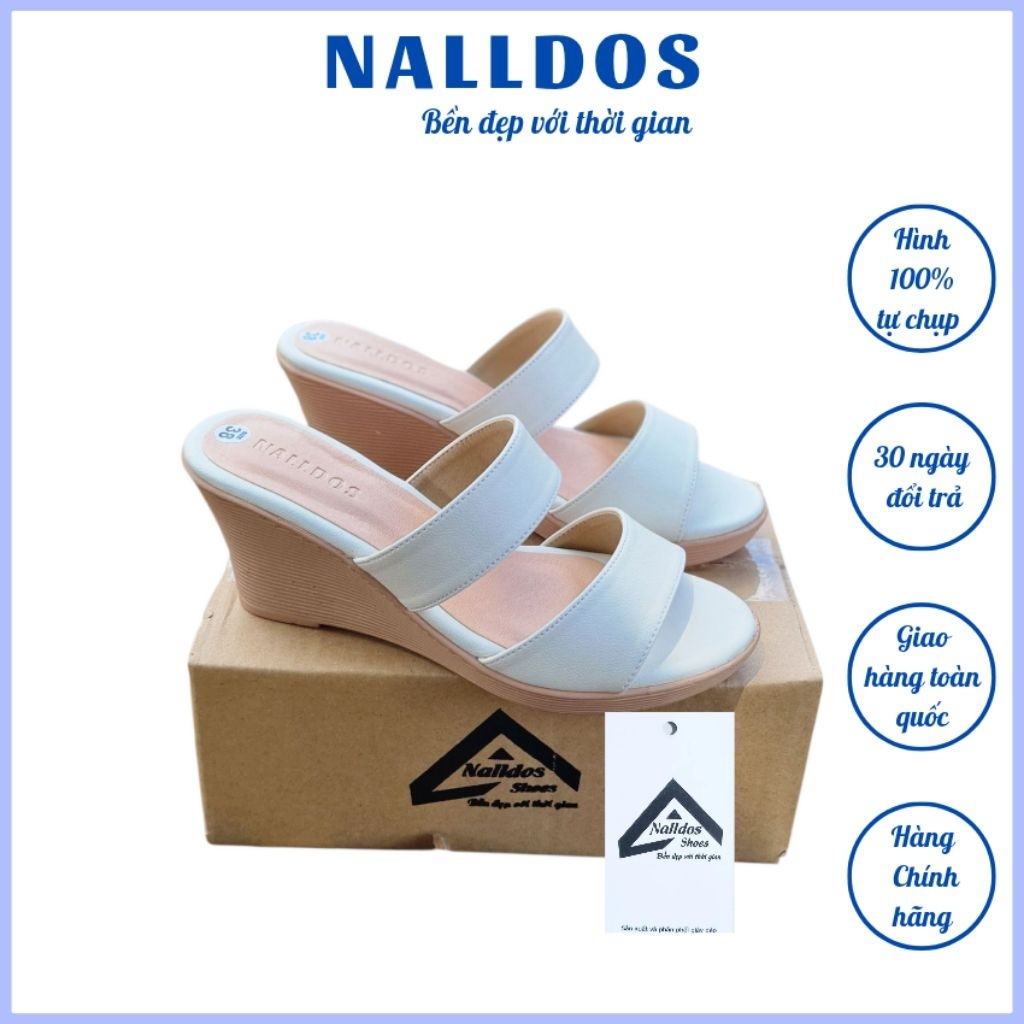 💥Form nhỏ💥Dép 2 quai ngang nữ  NALLDOS quai da đế xuồng cao 7cm PU rất nhẹ mang chắc chân và dễ dàng di chuyển