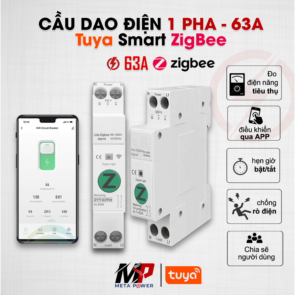 Aptomat thông minh Tuya Zigbee, CB Tuya 63A có đo điện