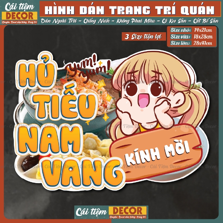 Decal HỦ TIẾU NAM VANG - Hình dán chống nước trang trí quán cà phê, trà sữa, decor quán, dán tường, 