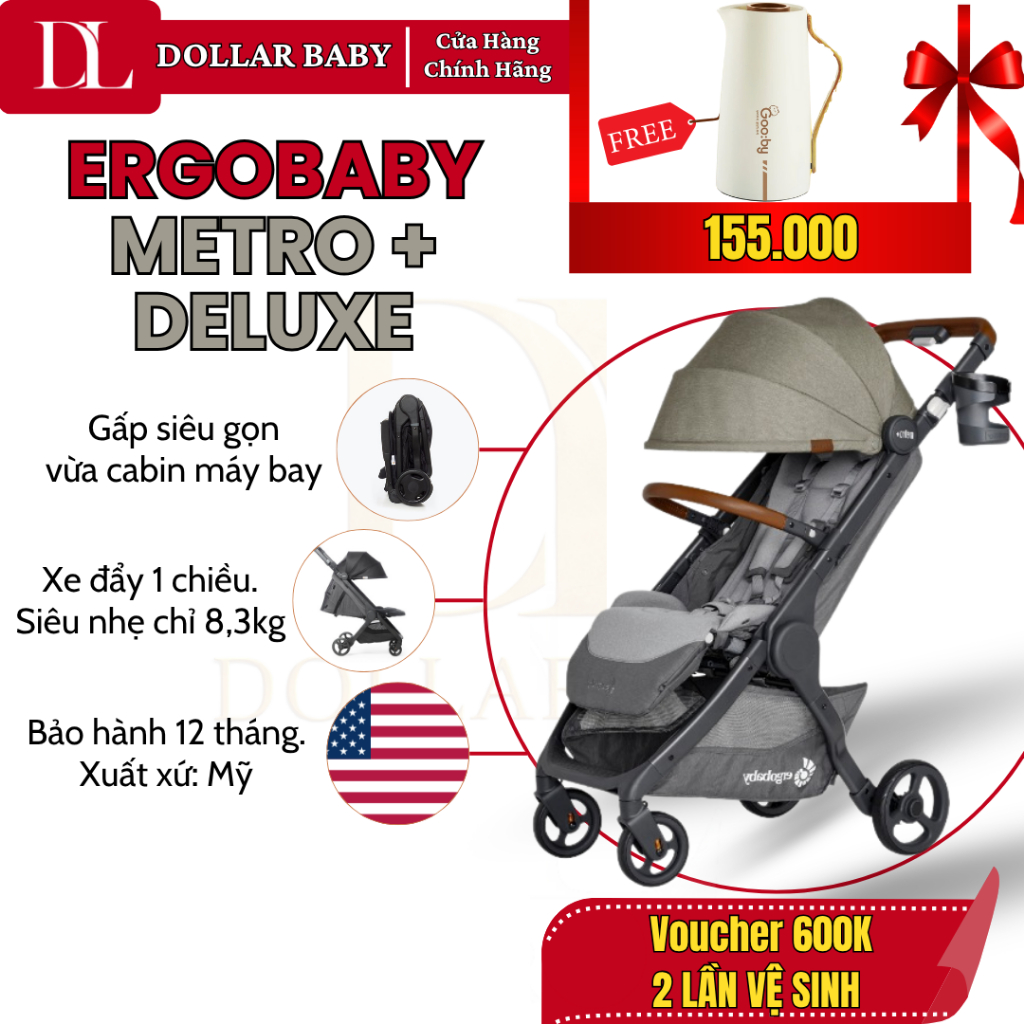 Xe đẩy Ergobaby Metro + Deluxe - Gấp siêu gọn, Siêu nhẹ, Tay lái điều chỉnh - Chính hãng Mỹ