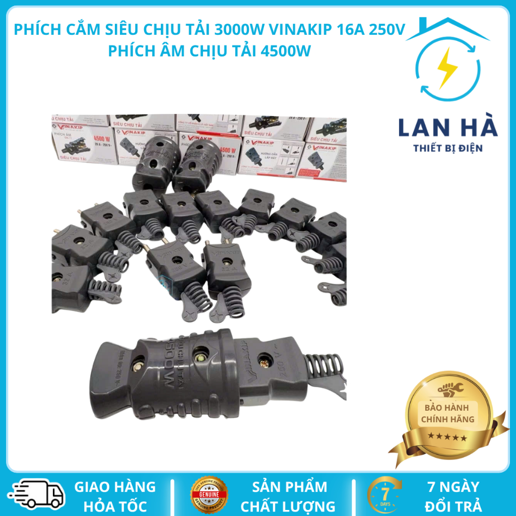 Phích cắm SIÊU CHỊU TẢI 4500W VINAKIP DN11 16A 250V nhựa chống cháy, Phích âm chịu tải 4500W DN11