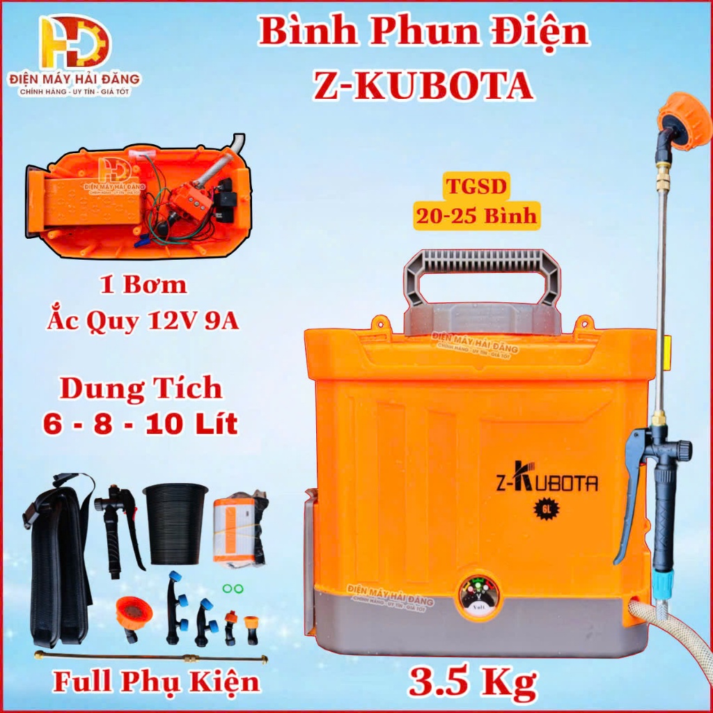 Bình xịt điện.Bình phun xịt sâu Z-KUBOTA / 1 Bơm. 6 - 8 - 10 Lít. Bình 12V 9AH. Hàng Đẹp. BH 1 Năm