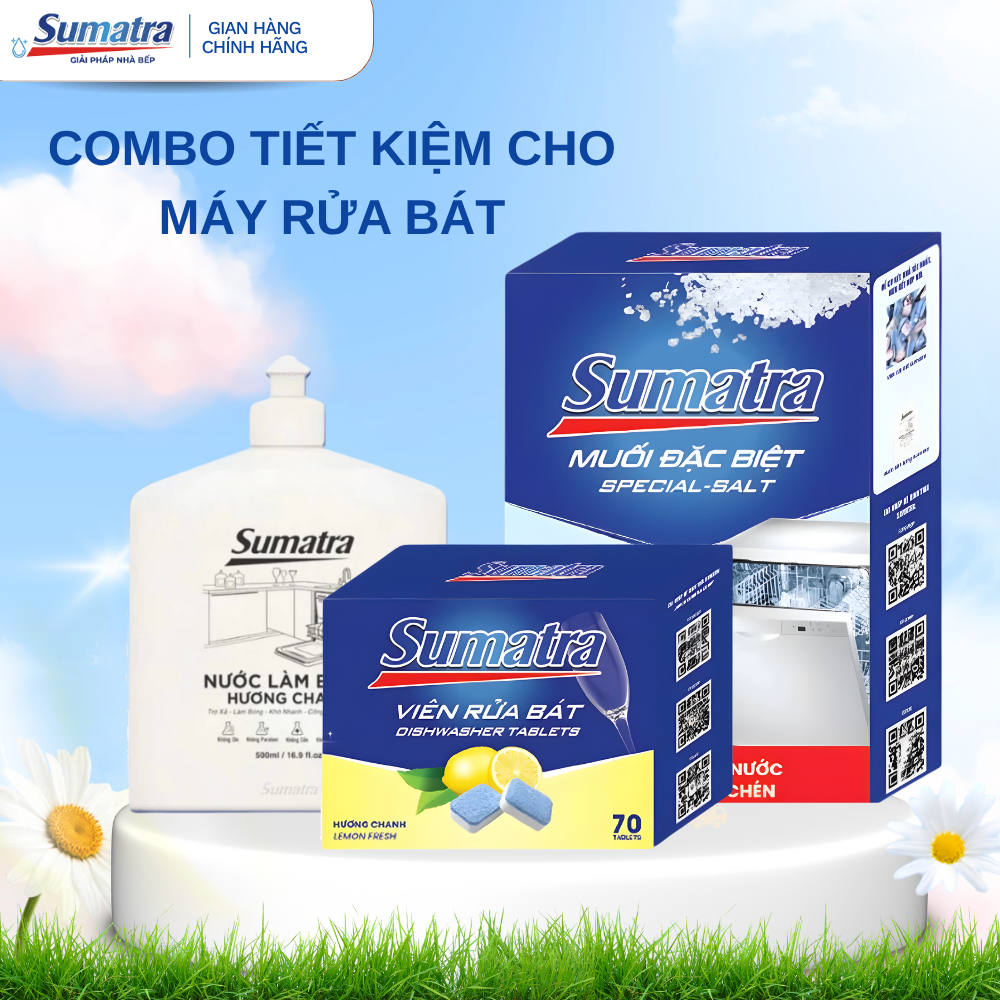 Combo 3 Món SUMATRA Cho Máy Rửa Chén – Viên Rửa Bát, Muối Làm Mềm Nước 1.2kg & Nước Làm Bóng 500ml
