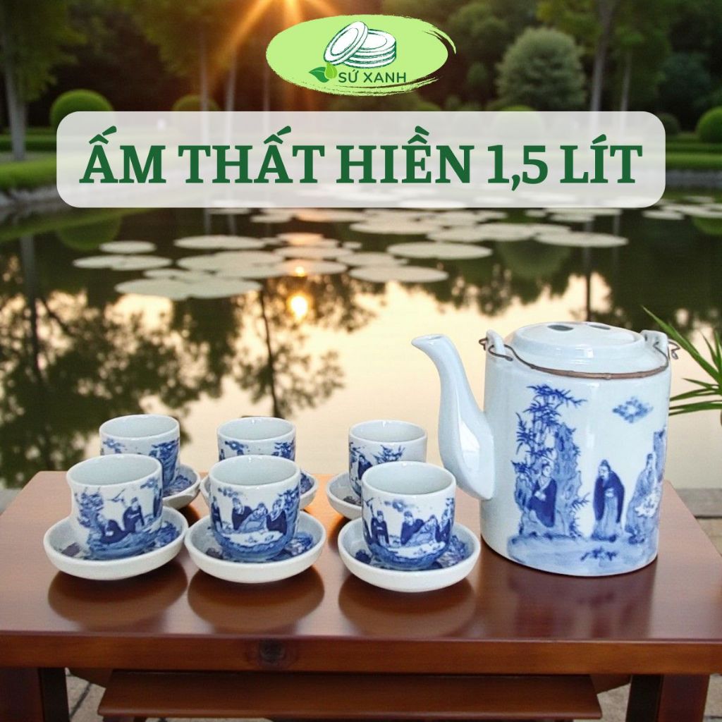 Ấm tích gốm sứ bát tràng, ấm tích pha trà hãm chè,ấm chén pha trà, ấm tích THẤT HIỀN MEN LAM XANH 1,