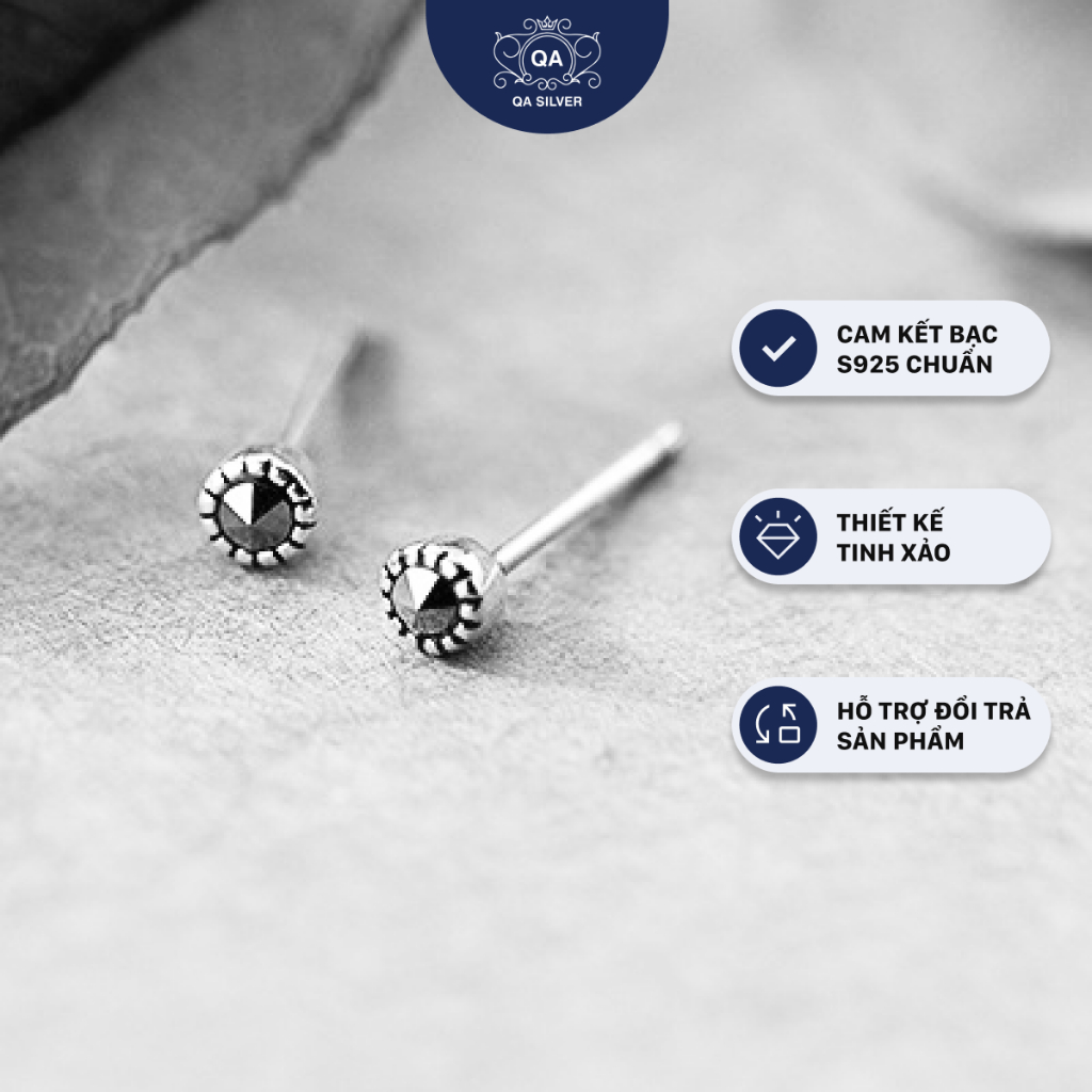 Khuyên tai bạc 925 đinh tán đá đen nhỏ bông nam nữ tối giản S925 MINIMAL QA SILVER Earrings EA230407