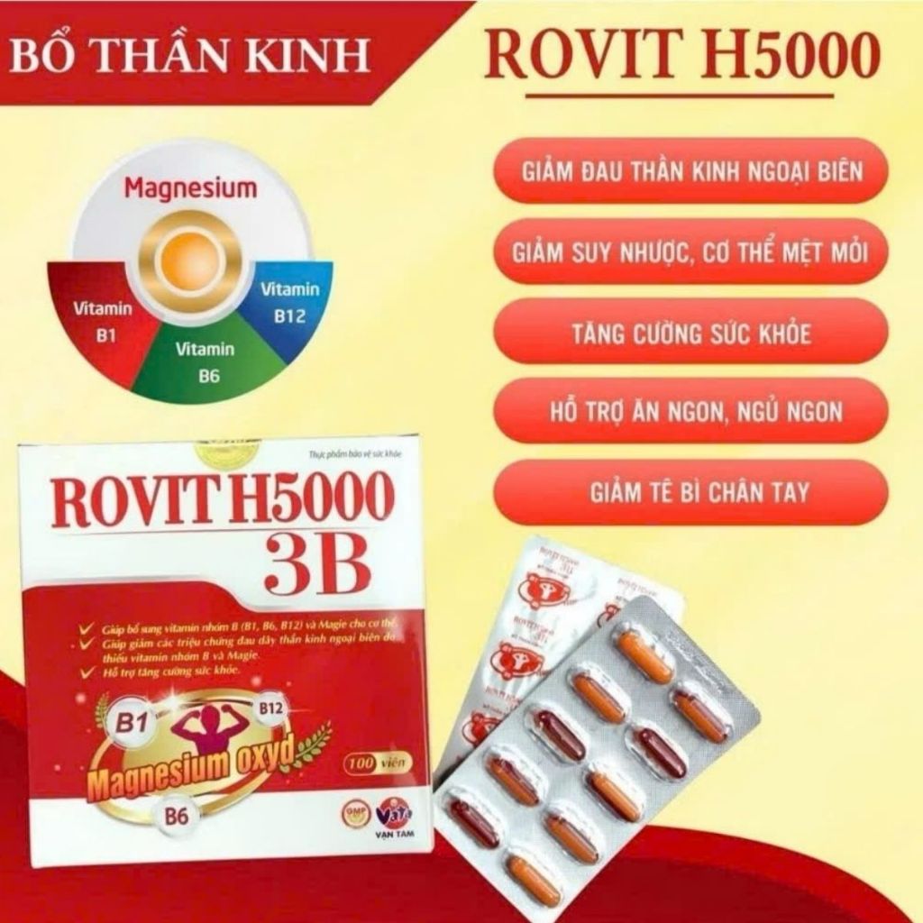 Rovit 3B H5000 dược Vạn Tam hộp 100 viên bổ sung vitamin nhóm B giảm tê bì tay chân suy nhược cơ thê