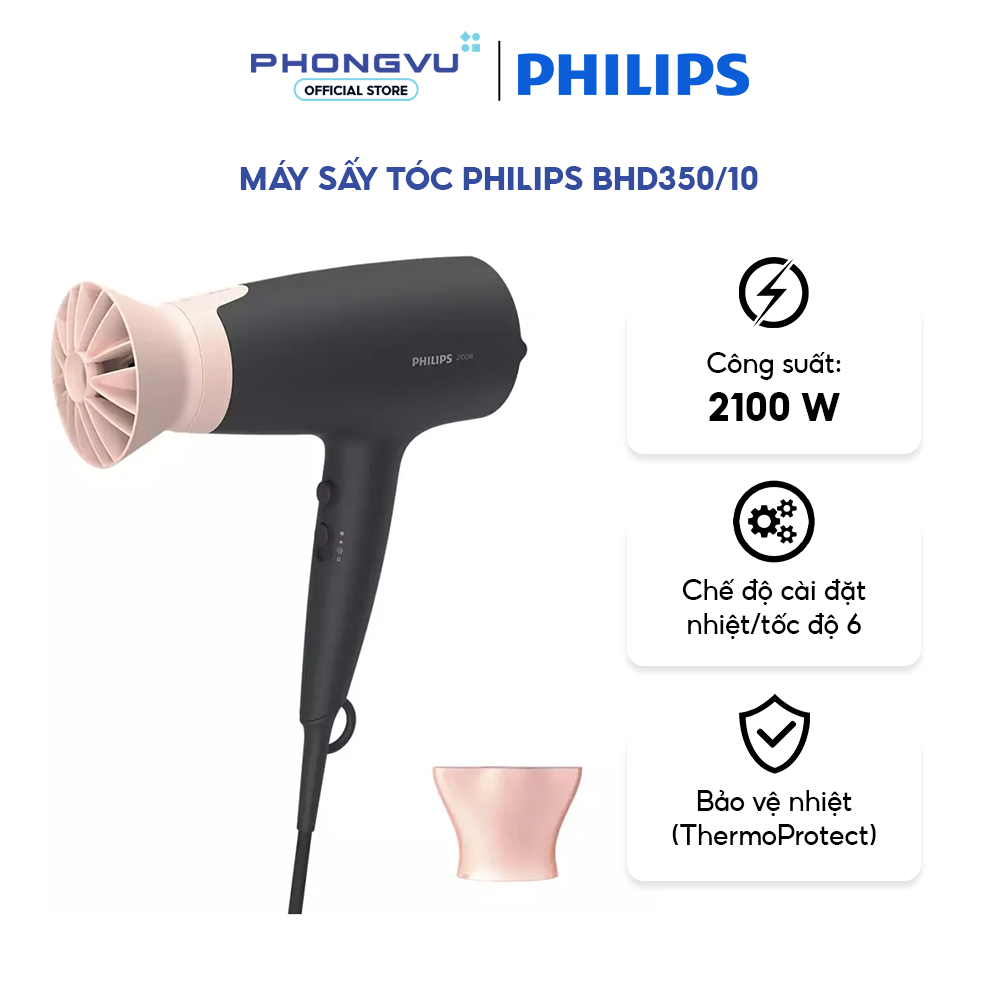 Máy sấy tóc Philips BHD350/10 - 2100W, 6 Chế độ nhiệt/tốc độ, Đầu sấy ThermoProtect - Bảo hành 24T